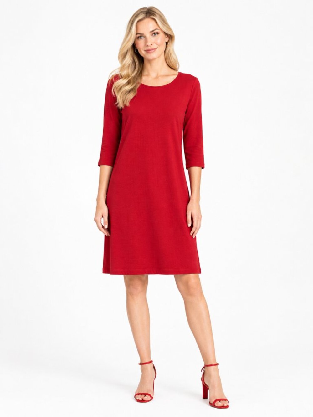 2/$30 Lands' End 3/4 Sleeve T-Shirt Shift Dress Red Medium #A4824